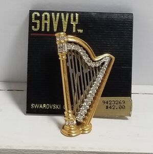 Vintage SAVVY SWAROVSKI Crystal Gold Tone Harp Brooch Pin - Embossed Signed